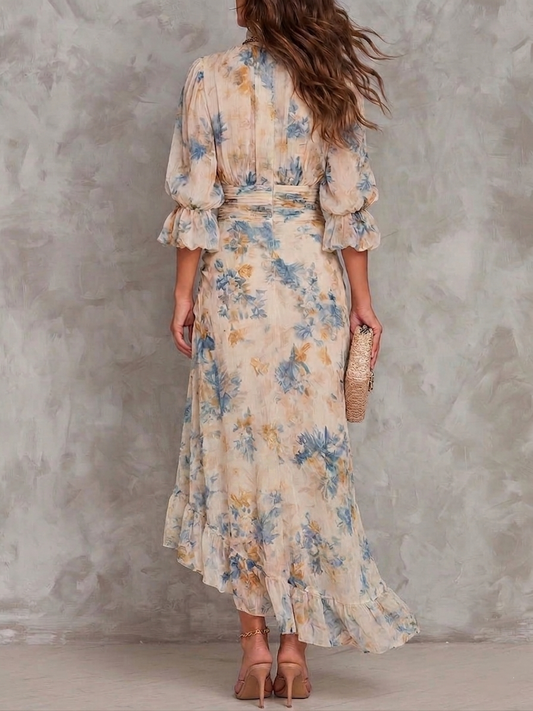 AURELIA | Vestido Maxi de Gasa Asimétrico con Estampado Floral