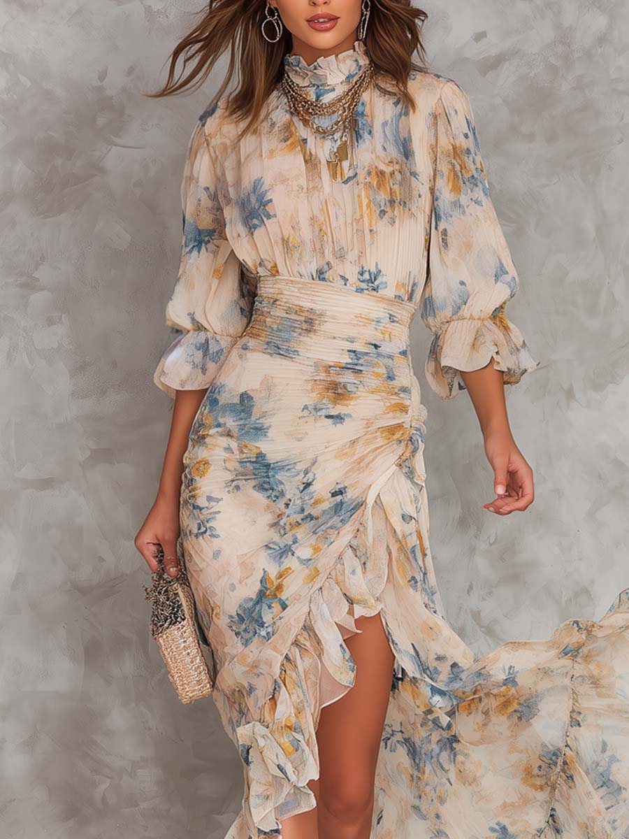 AURELIA | Vestido Maxi de Gasa Asimétrico con Estampado Floral