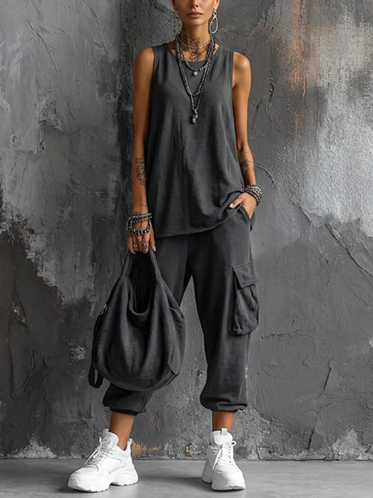 SHEILA - Conjunto Casual de Chaleco Gris Oscuro y Pantalón Cargo Jogger