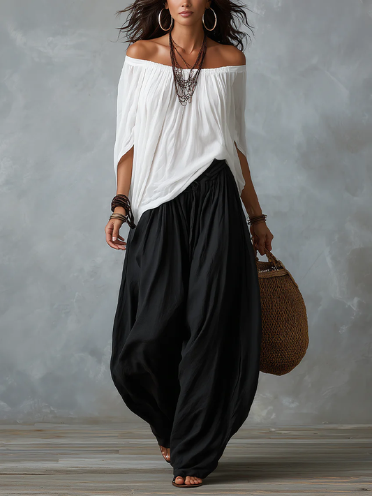 Adriana - Conjunto de Top Blanco de Hombros Descubiertos y Pantalón Holgado Tipo Farol