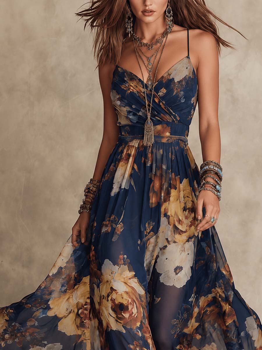 Adriana | Vestido Maxi de Gasa Azul Marino con Estampado Floral y Tirantes Finos