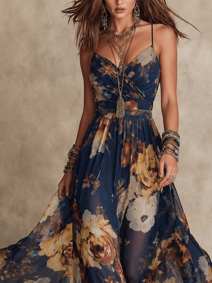 Adriana | Vestido Maxi de Gasa Azul Marino con Estampado Floral y Tirantes Finos