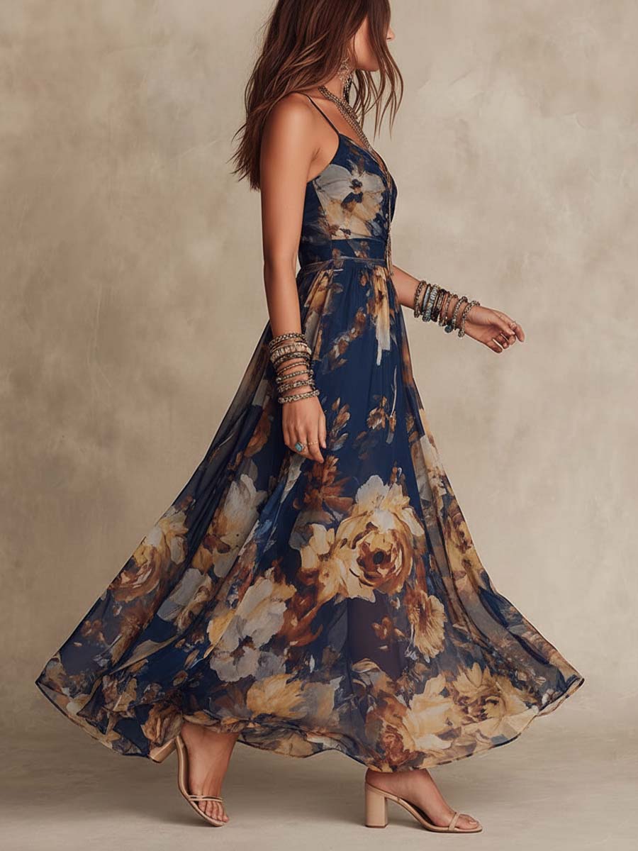 Adriana | Vestido Maxi de Gasa Azul Marino con Estampado Floral y Tirantes Finos