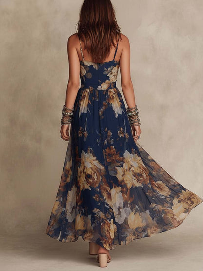 Adriana | Vestido Maxi de Gasa Azul Marino con Estampado Floral y Tirantes Finos