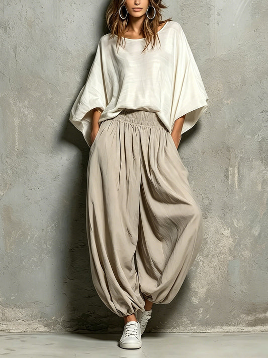 Blanca - Conjunto de Top Blanco de Mangas Anchas Tipo Murciélago y Pantalón Harén Caqui Claro