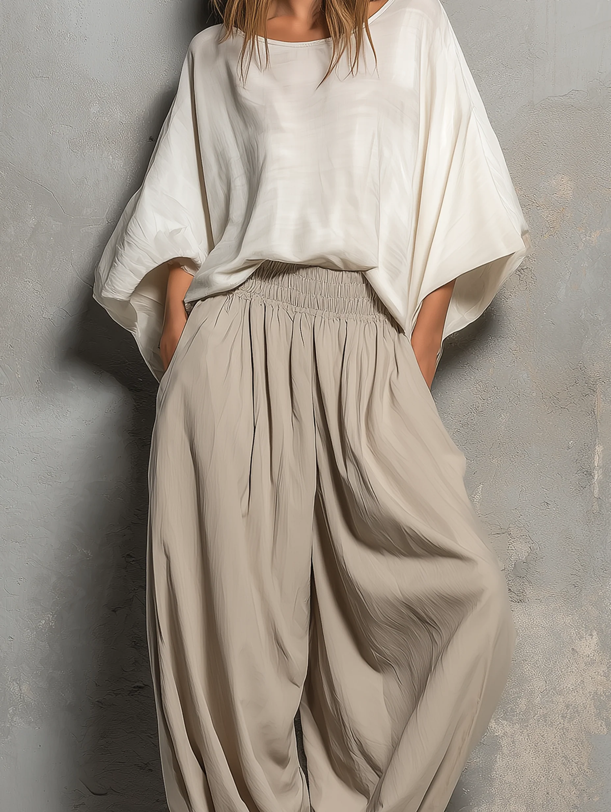 Blanca - Conjunto de Top Blanco de Mangas Anchas Tipo Murciélago y Pantalón Harén Caqui Claro