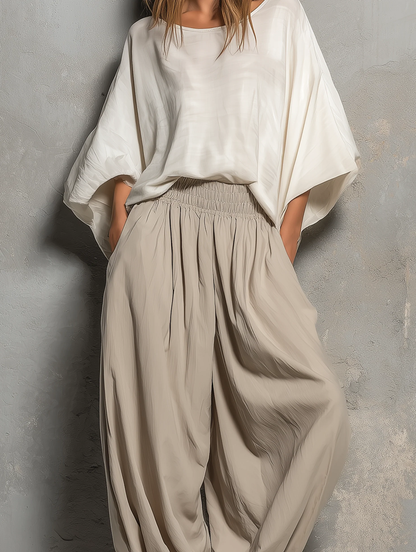 Blanca - Conjunto de Top Blanco de Mangas Anchas Tipo Murciélago y Pantalón Harén Caqui Claro