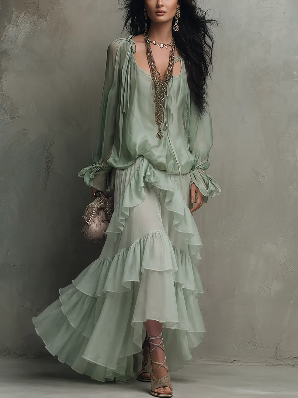 Daniela - Conjunto de Top Verde Menta de Gasa con Volantes y Falda en Capas