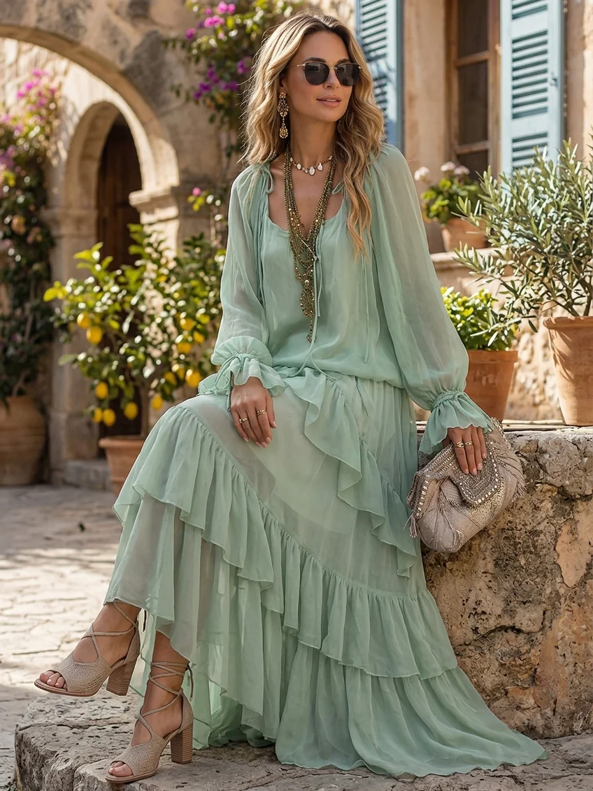Daniela - Conjunto de Top Verde Menta de Gasa con Volantes y Falda en Capas