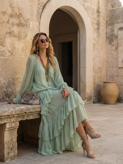 Daniela - Conjunto de Top Verde Menta de Gasa con Volantes y Falda en Capas