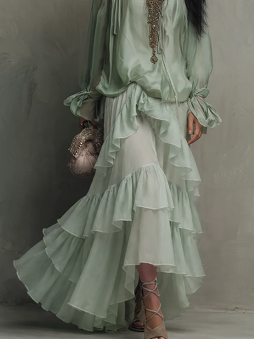 Daniela - Conjunto de Top Verde Menta de Gasa con Volantes y Falda en Capas