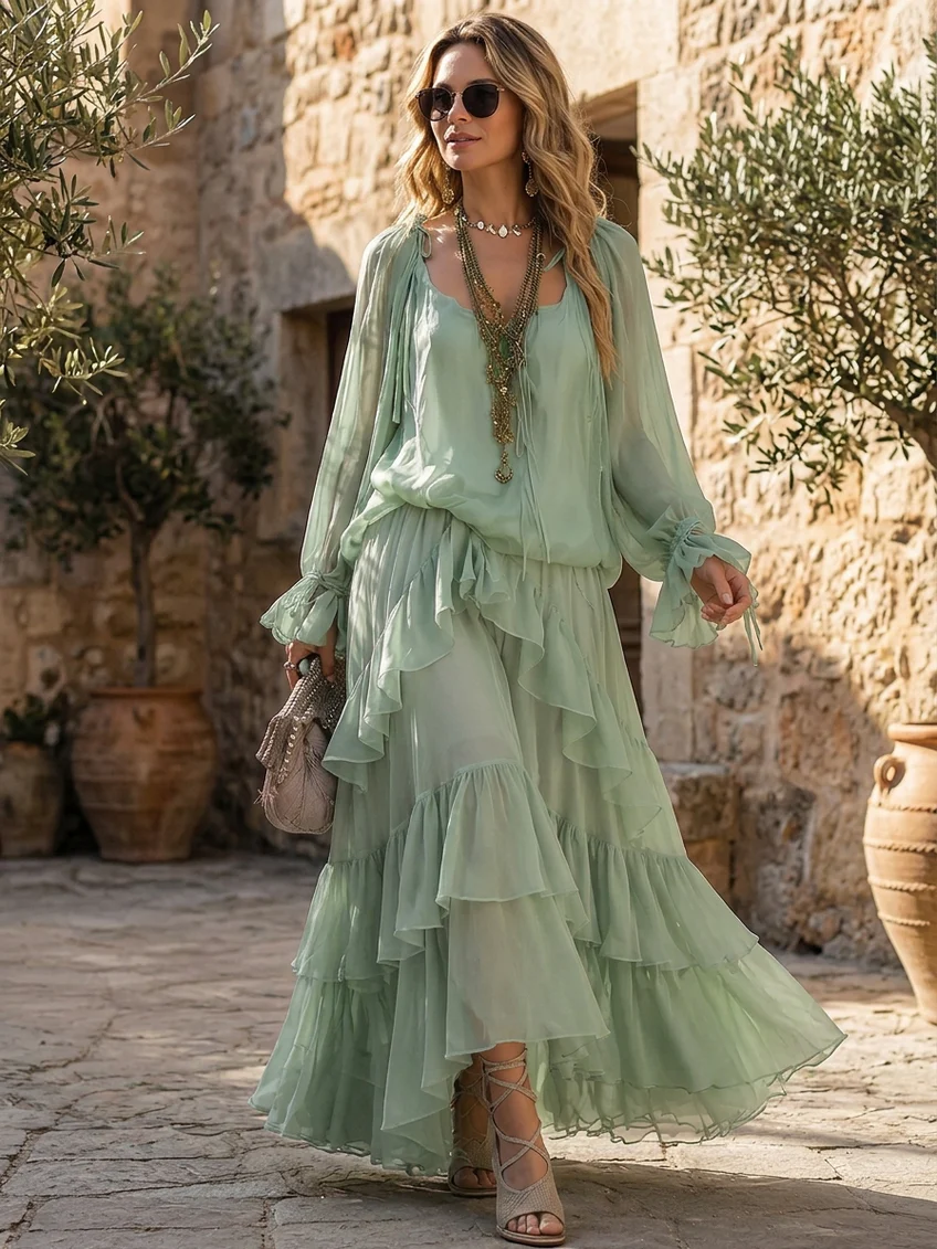 Daniela - Conjunto de Top Verde Menta de Gasa con Volantes y Falda en Capas