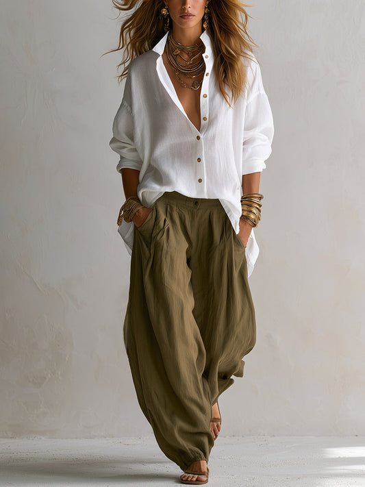 Valeria - Conjunto de Camisa Blanca Holgada y Pantalón Verde de Pierna Ancha Tipo Farol