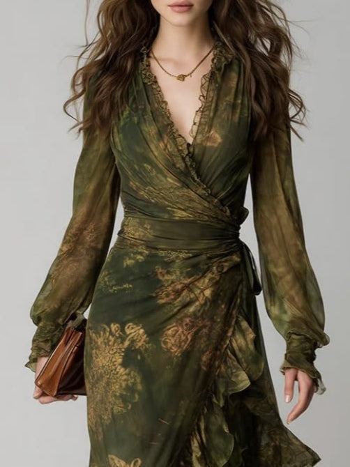 Alejandra | Vestido largo de gasa con volantes y estampado floral