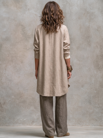 Costanza - Conjunto Elegante de Tres Piezas en Beige y Gris con Pantalón Palazzo en Capas