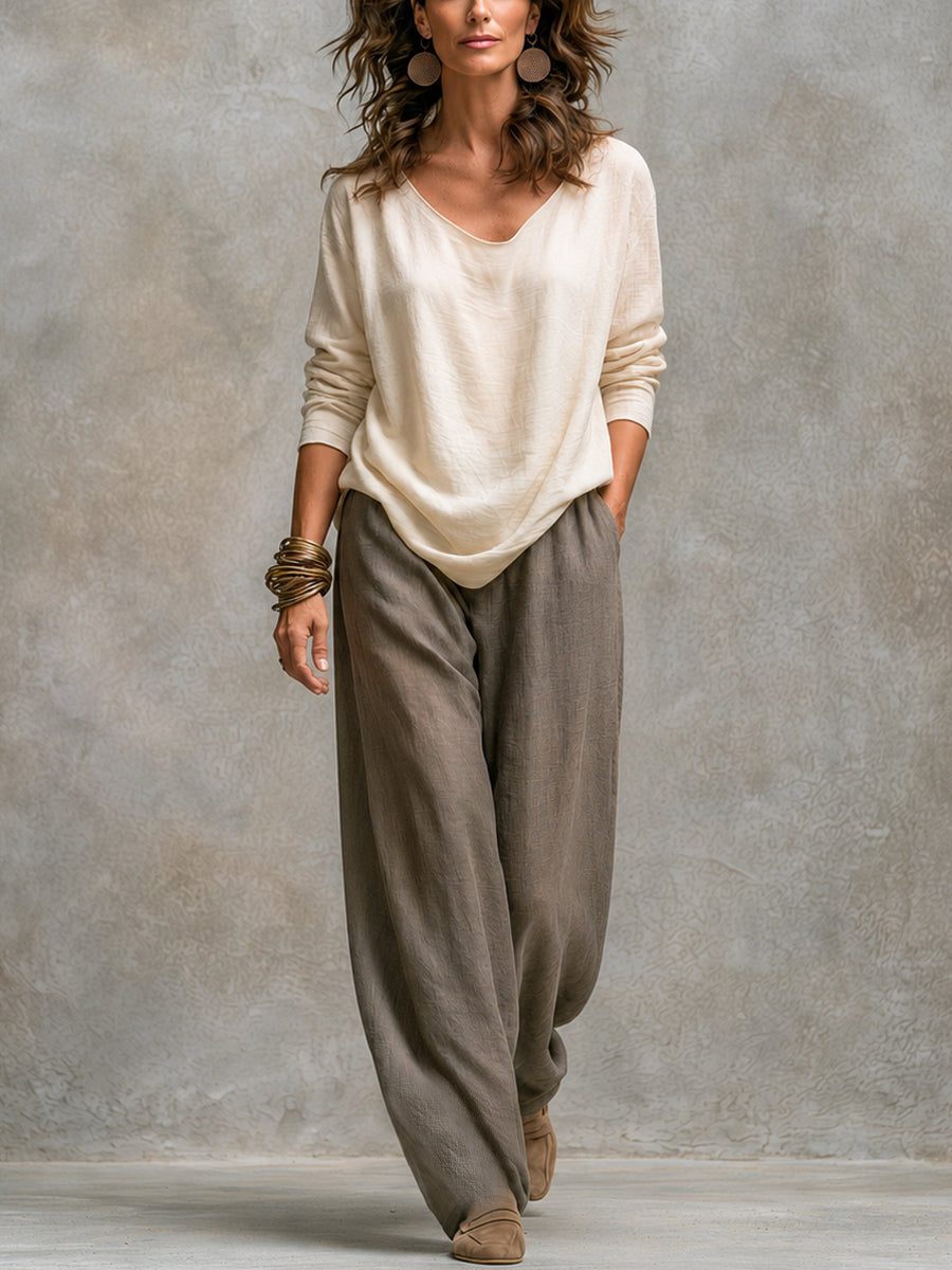 Costanza - Conjunto Elegante de Tres Piezas en Beige y Gris con Pantalón Palazzo en Capas