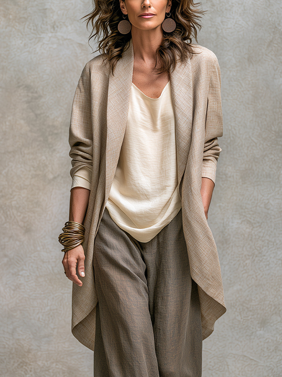 Beatriz - Conjunto Elegante de Tres Piezas Beige y Gris Casual en Capas con Pantalón de Pierna Ancha