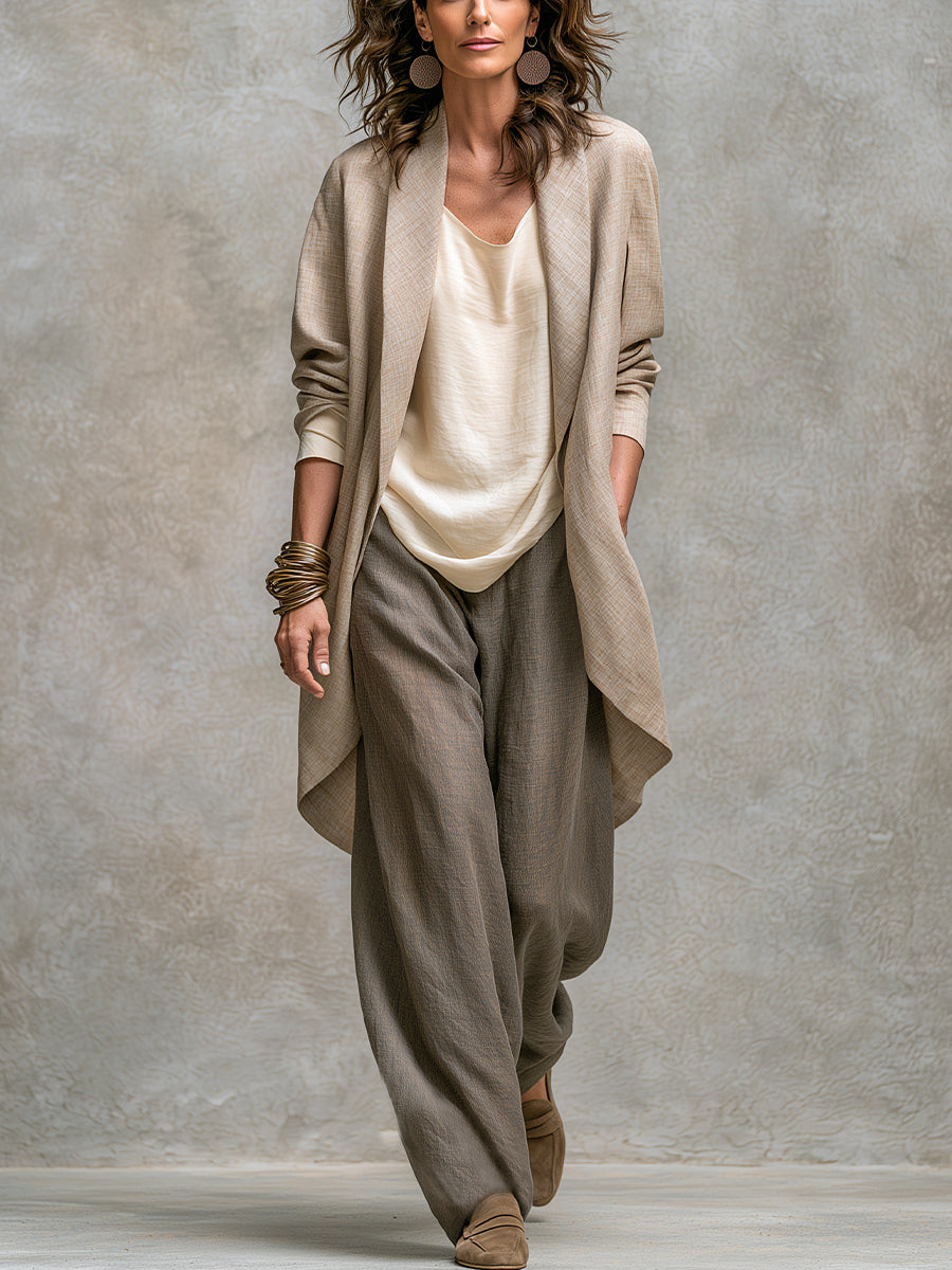 Beatriz - Conjunto Elegante de Tres Piezas Beige y Gris Casual en Capas con Pantalón de Pierna Ancha