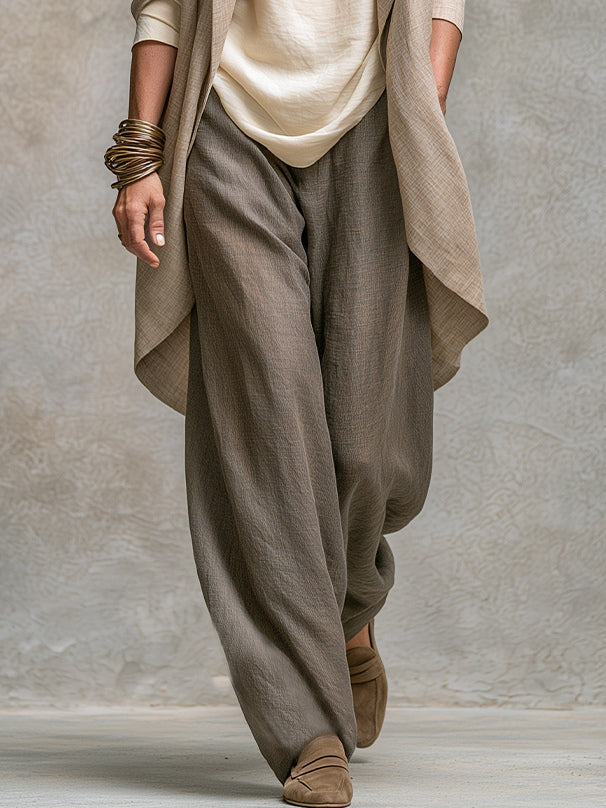 Costanza - Conjunto Elegante de Tres Piezas en Beige y Gris con Pantalón Palazzo en Capas