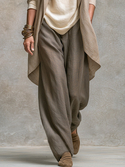 Beatriz - Conjunto Elegante de Tres Piezas Beige y Gris Casual en Capas con Pantalón de Pierna Ancha