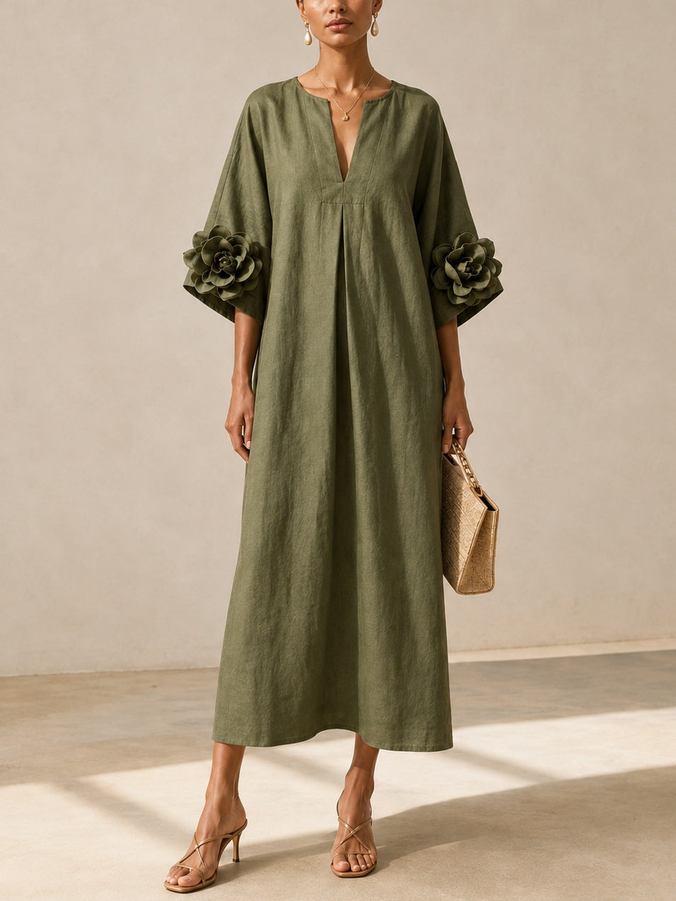 GLORIA - Vestido Midi Verde Oliva con Escote en V y Extravagantes Mangas Florales