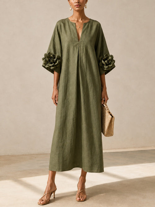 GLORIA - Vestido Midi Verde Oliva con Escote en V y Extravagantes Mangas Florales