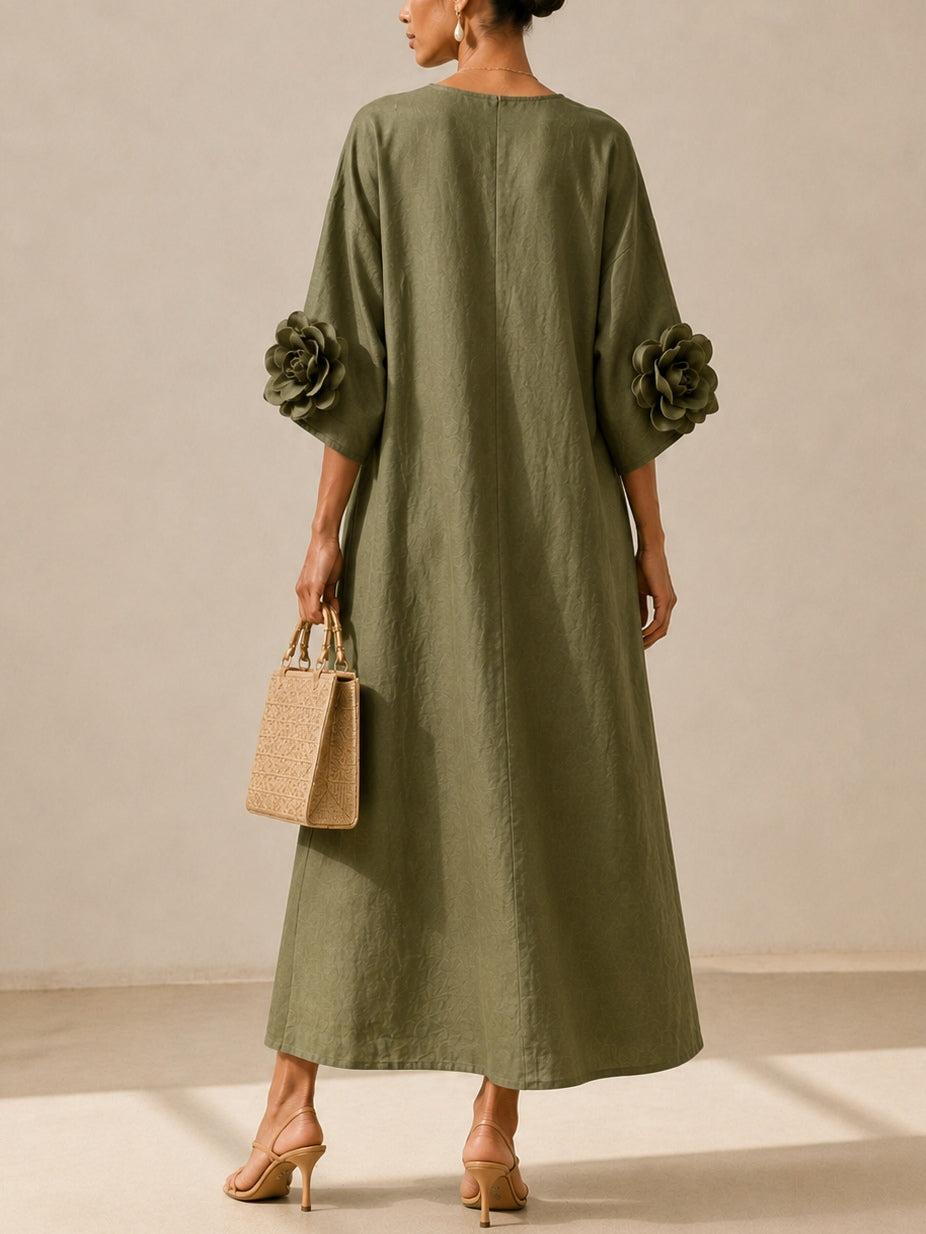 GLORIA - Vestido Midi Verde Oliva con Escote en V y Extravagantes Mangas Florales
