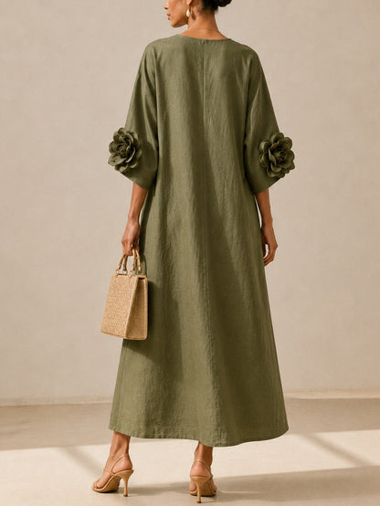 GLORIA - Vestido Midi Verde Oliva con Escote en V y Extravagantes Mangas Florales