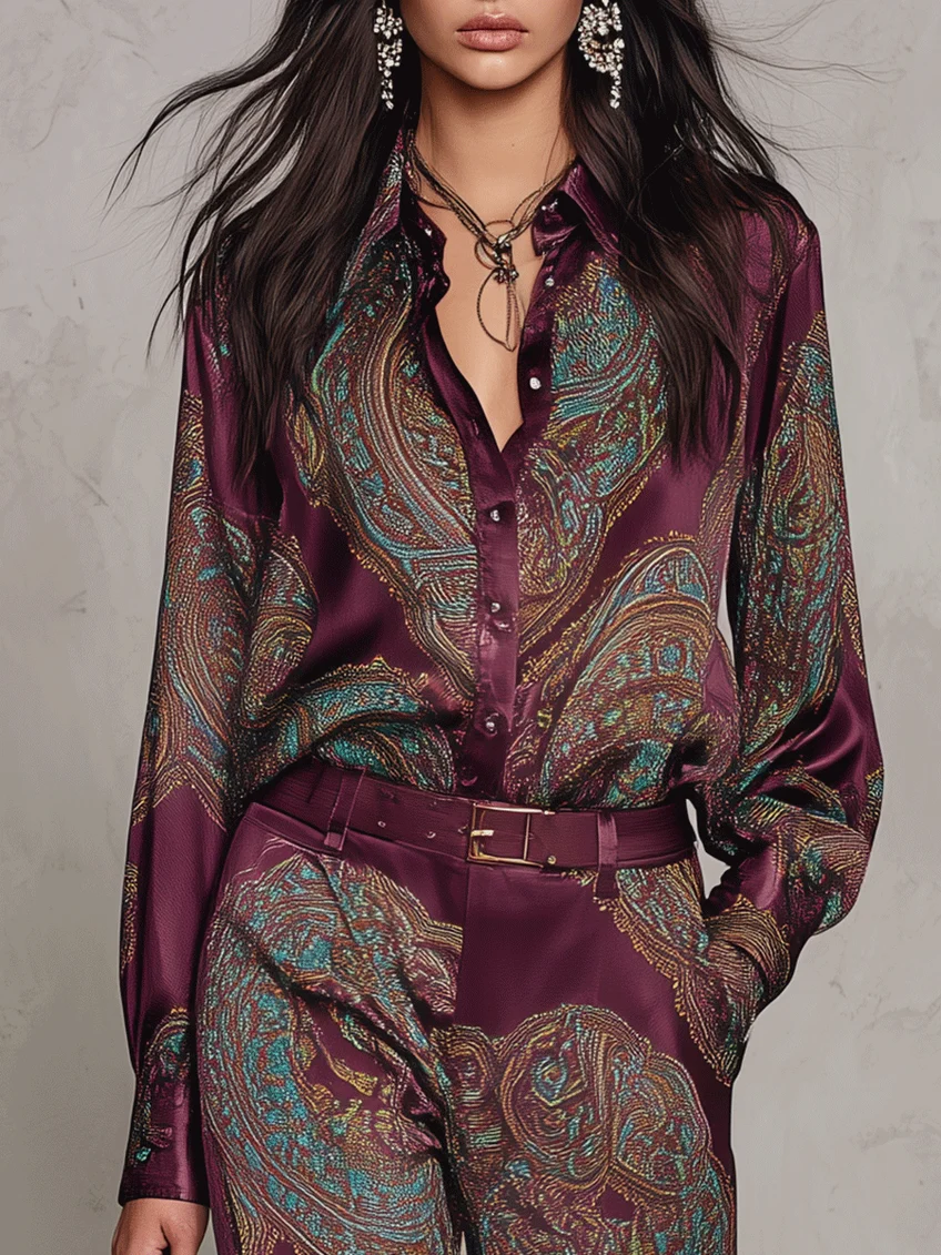 Conjunto de Camisa de Manga Larga de Satén con Estampado Paisley Burdeos-Púrpura y Pantalones de Pierna Ancha