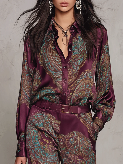 Conjunto de Camisa de Manga Larga de Satén con Estampado Paisley Burdeos-Púrpura y Pantalones de Pierna Ancha