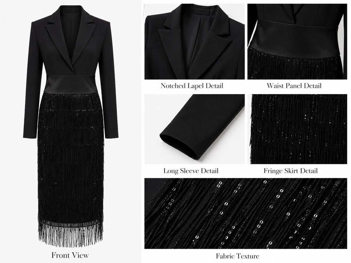 Jimena | Vestido midi con cuerpo tipo blazer, lentejuelas y flecos en negro