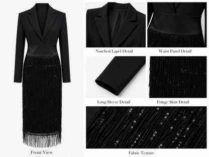 Jimena | Vestido midi con cuerpo tipo blazer, lentejuelas y flecos en negro