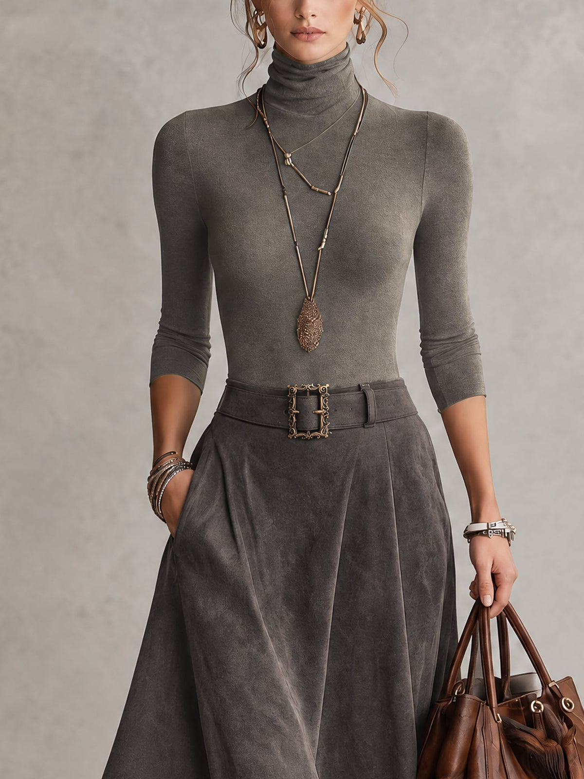 Carmen - Conjunto de top de cuello alto gris y falda midi asimétrica de ante sintético (con cinturón)
