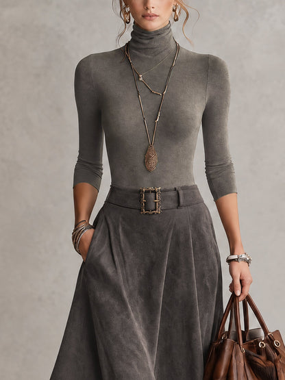 Carmen - Conjunto de top de cuello alto gris y falda midi asimétrica de ante sintético (con cinturón)