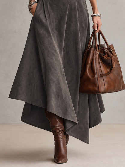 Carmen | Conjunto de top de cuello alto gris y falda midi asimétrica de ante sintético (con cinturón)