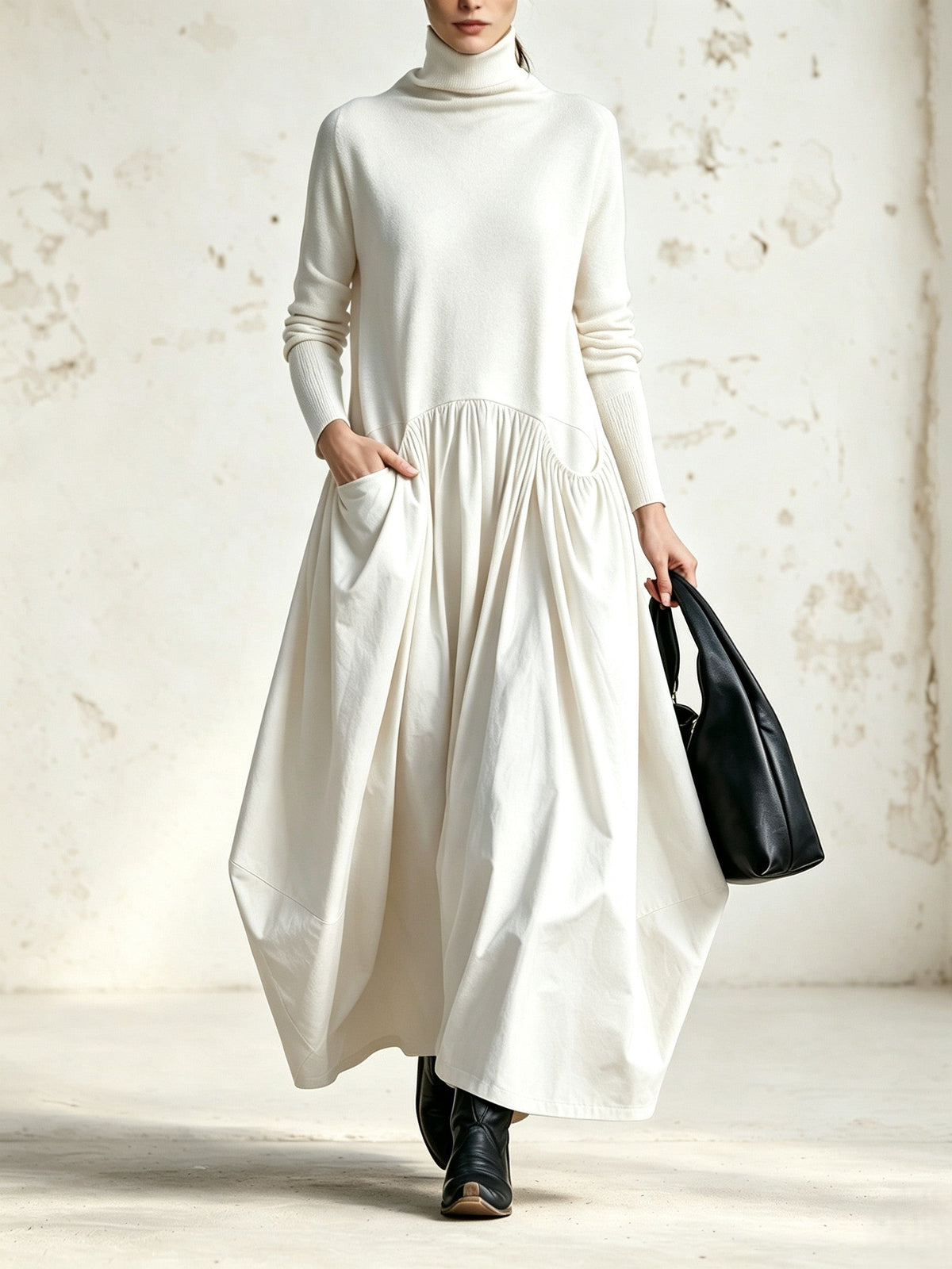Belén | Vestido maxi oversize negro con cuello alto y bolsillos