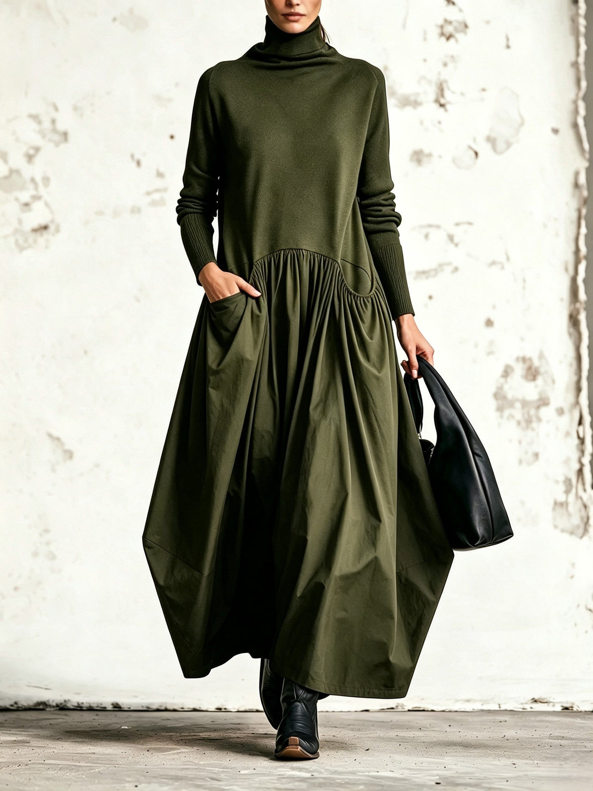 Belén | Vestido maxi oversize negro con cuello alto y bolsillos