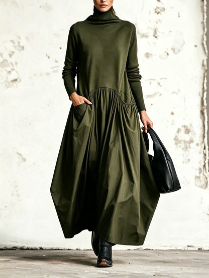 Belén | Vestido maxi oversize negro con cuello alto y bolsillos