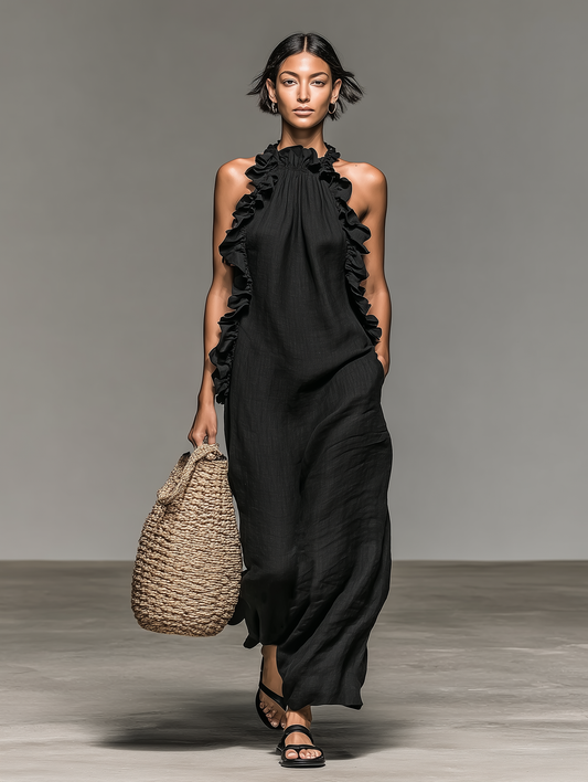 ALBA | Vestido Maxi Sin Mangas en Mezcla de Lino con Volantes