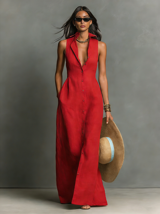 SIENA | Vestido Camisero Maxi Minimalista con Botones Sin Mangas y Cuello