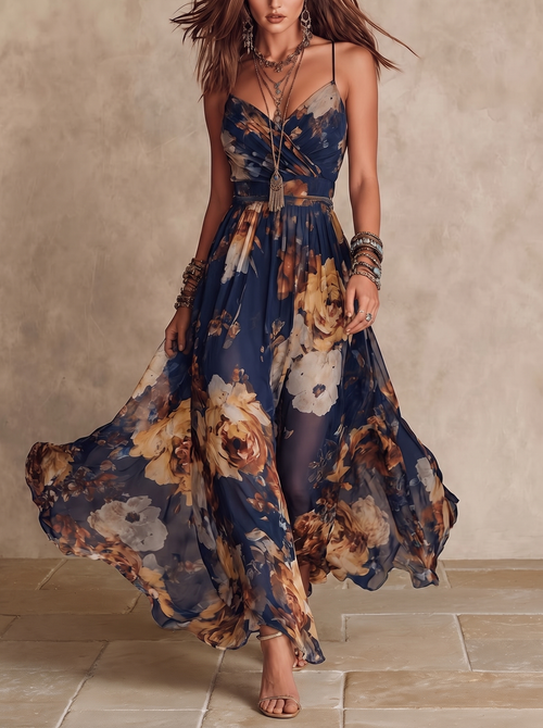 Adriana | Vestido Maxi de Gasa Azul Marino con Estampado Floral y Tirantes Finos