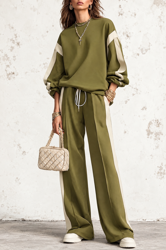 Sonia | Conjunto Casual de Sudadera Verde Oliva de Cuello Redondo y Pantalón Ancho con Cordón