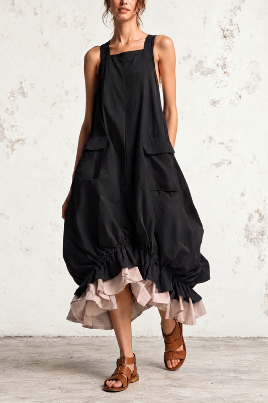 Daniela | Vestido Midi Globo Sin Mangas con Grandes Bolsillos, Capas y Bajo de Volantes