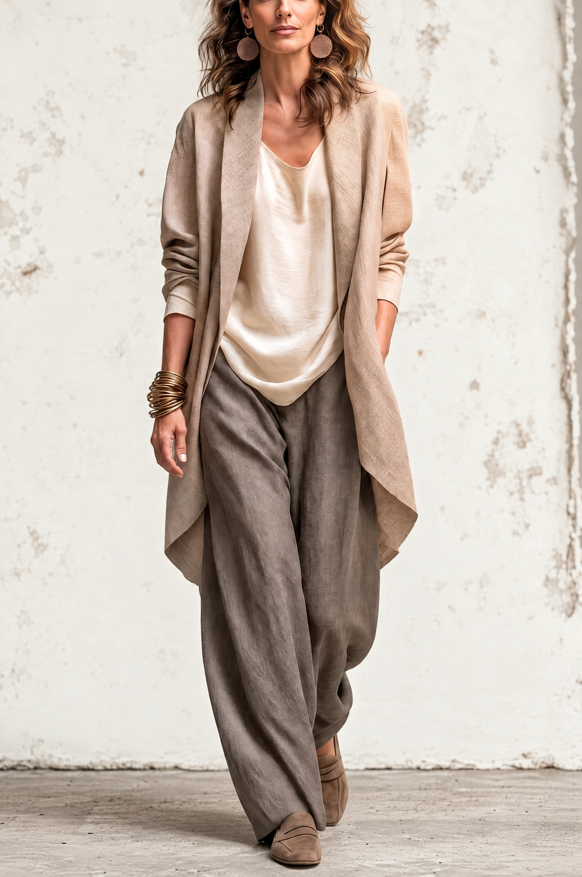 Costanza | Conjunto de Tres Piezas Beige y Gris, Casual en Capas, con Pantalón Palazzo, Elegante