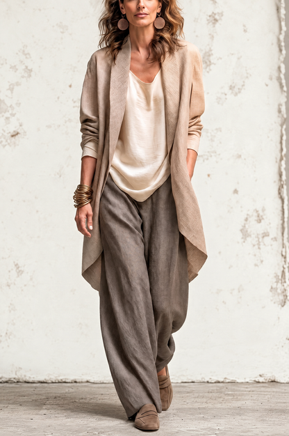 Costanza | Conjunto de Tres Piezas Beige y Gris, Casual en Capas, con Pantalón Palazzo, Elegante