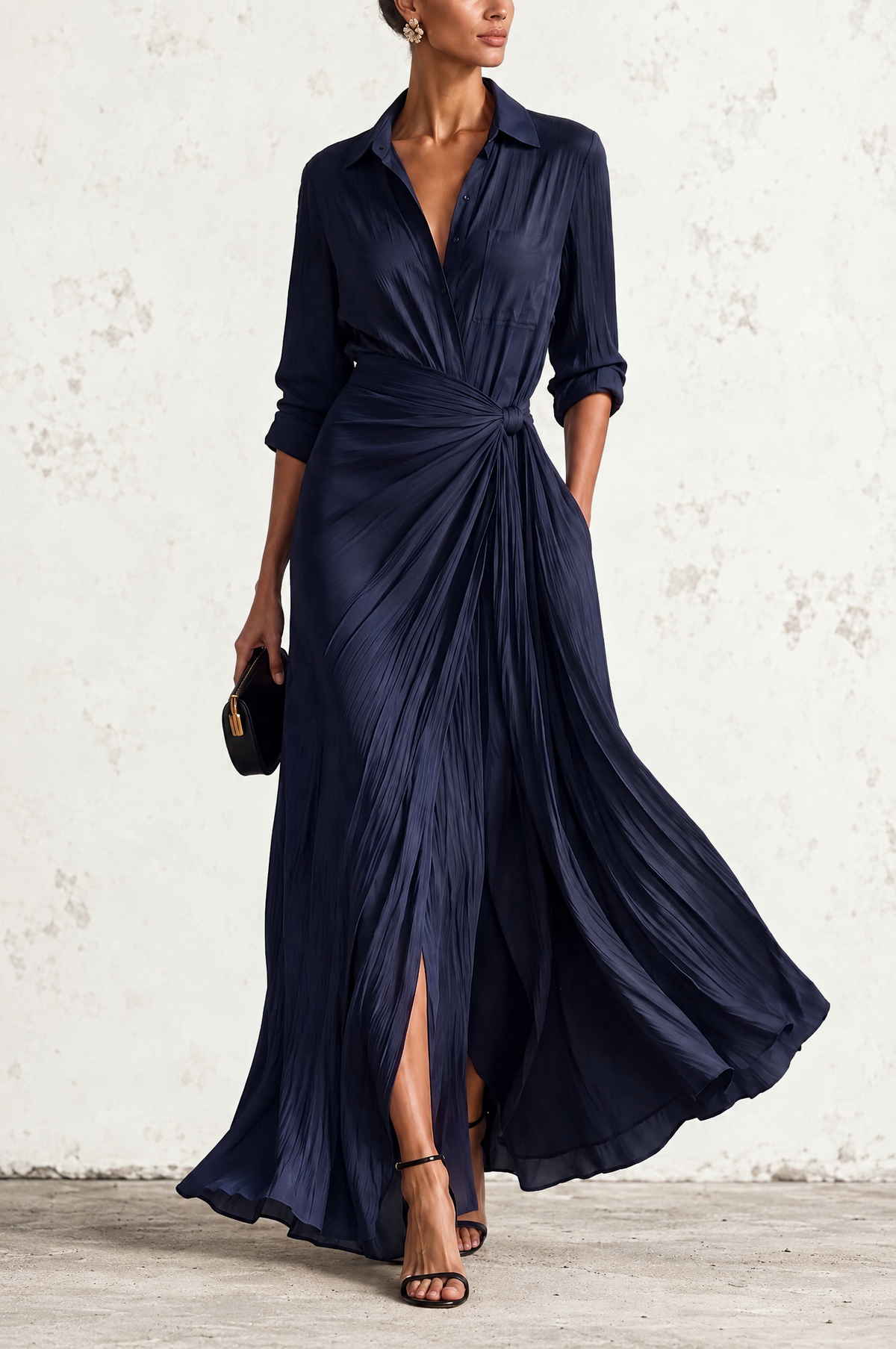 Gabriella | Elegante Vestido Camisero Maxi Azul Marino Anudado