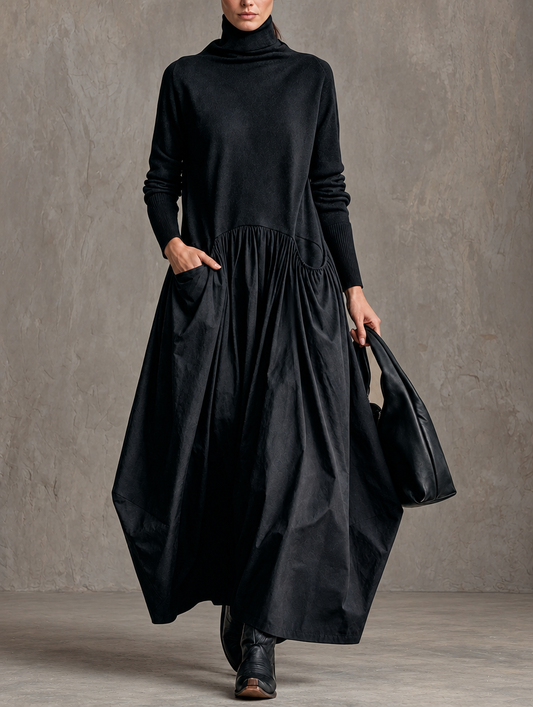 Belén | Vestido maxi oversize negro con cuello alto y bolsillos