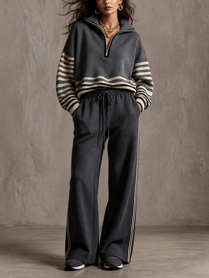 Aitana | Conjunto de sudadera con media cremallera y paneles de rayas y pantalón de pierna ancha
