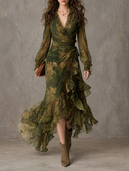 Alejandra | Vestido largo de gasa con volantes y estampado floral