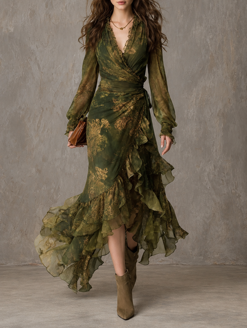 Alejandra | Vestido largo de gasa con volantes y estampado floral